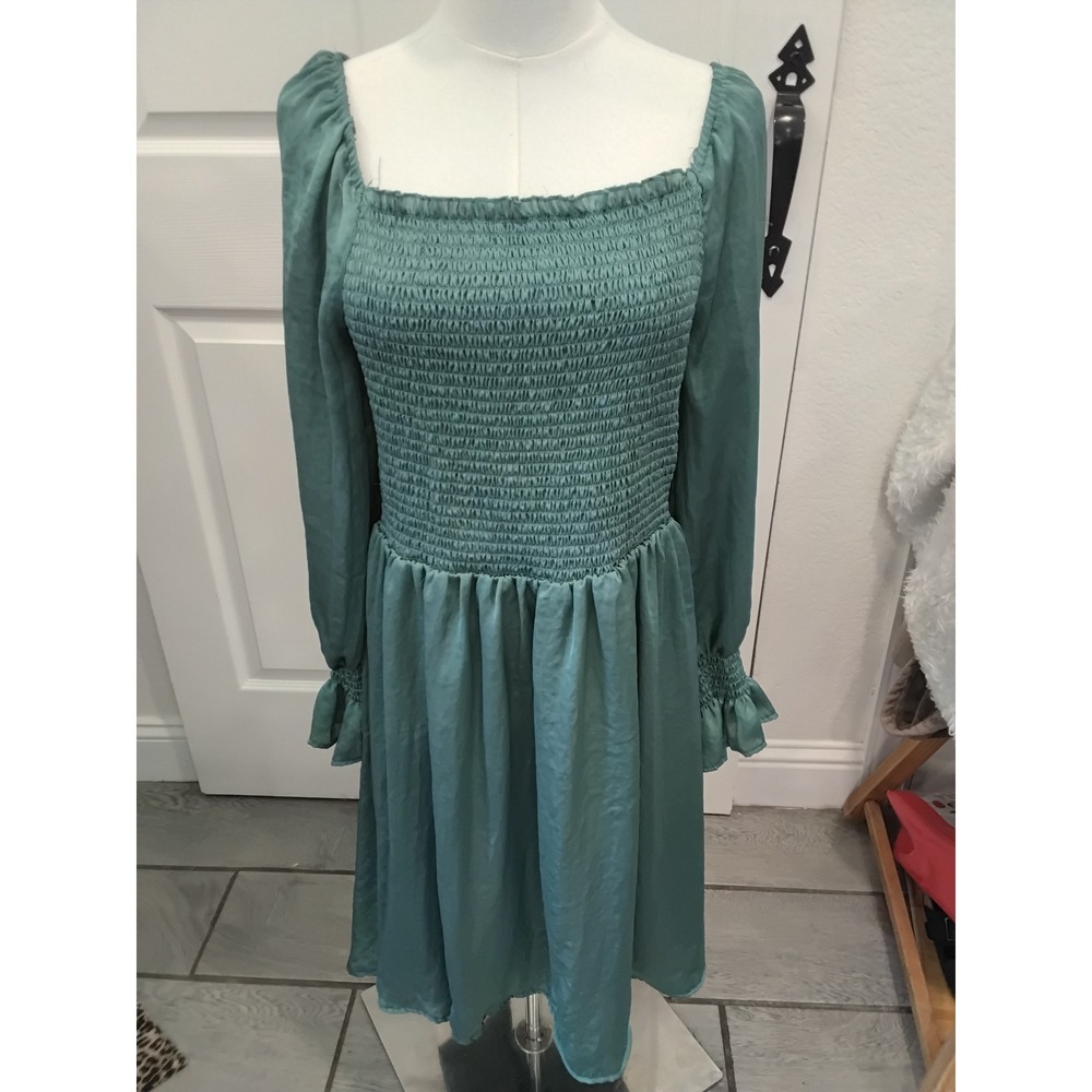 Wild Lily Teal Green Smocked Bodice Long Sleeve Satin Midi Dress XL